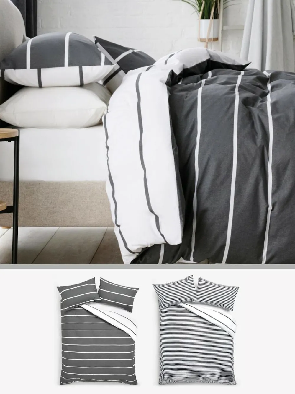 New Next 2 Pack Stripe Reversible Duvet Cover and Pillowcase Set Grey