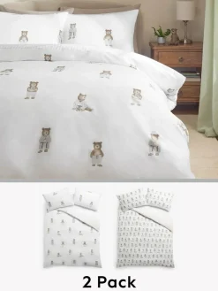 Next 2 Pack White/Natural Bertie Bear Reversible Duvet Cover and Pillowcase Set^ Bedsets & Duvet Covers