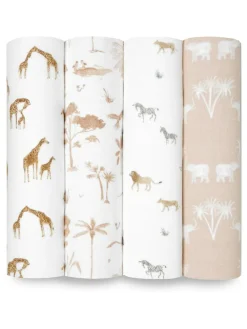 Aden + Anais White Large Blankets 100% Cotton Safari Dream Muslins 4 Pack^ Unisex|Newborn Accessories