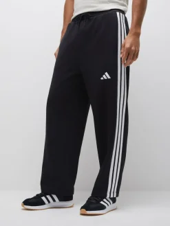 New adidas Essentials Three Stripes Fleece Wide Leg Trousers Black