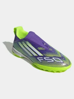 adidas Purple/Lime Kids F50 League Laceless Turf Boots^ Soccer Cleats