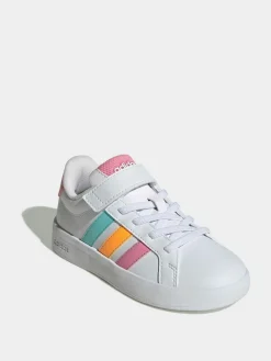 adidas White/Multi Grand Court 3.0 Elastic Lace Kids Trainers^BOY School Shoes|Boys Shoes