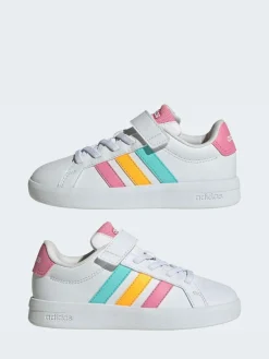 adidas White/Multi Grand Court 3.0 Elastic Lace Kids Trainers^BOY School Shoes|Boys Shoes