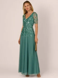 Adrianna Papell Green Studio Beaded Mesh Long Dress^Women Maxi Dresses