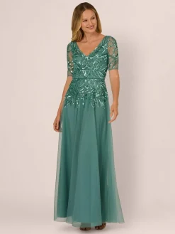 Adrianna Papell Green Studio Beaded Mesh Long Dress^Women Maxi Dresses
