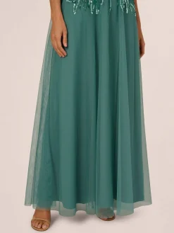 Adrianna Papell Green Studio Beaded Mesh Long Dress^Women Maxi Dresses