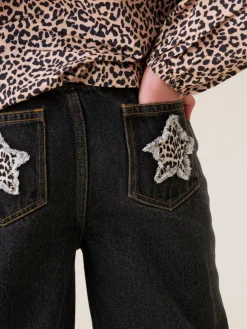 Angel & Rocket Black Piper Leopard Print Star Applique Wide Leg Jeans^ Jeans