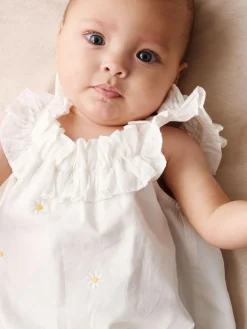Angel & Rocket White Mila Daisy Embroidered Frill Rompersuits^ Rompers & Overalls