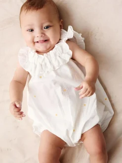 Angel & Rocket White Mila Daisy Embroidered Frill Rompersuits^ Rompers & Overalls