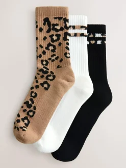 Online Next Animal Stripe Cushion Sole Ribbed Sport Ankle Socks 3 Pack With Arch Support