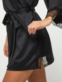 Discount Ann Summers Satin Cherryann Robe Dressing Gown Black