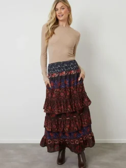 Online Another Sunday Brown Floral Tiered Maxi Skirt