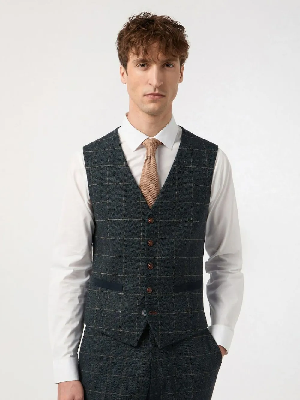 Sale Antique Rogue Blue Dax Teal Herringbone Check Waistcoat