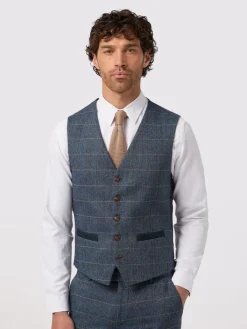 Antique Rogue Blue Lenox Denim Check Waistcoat^ Vests
