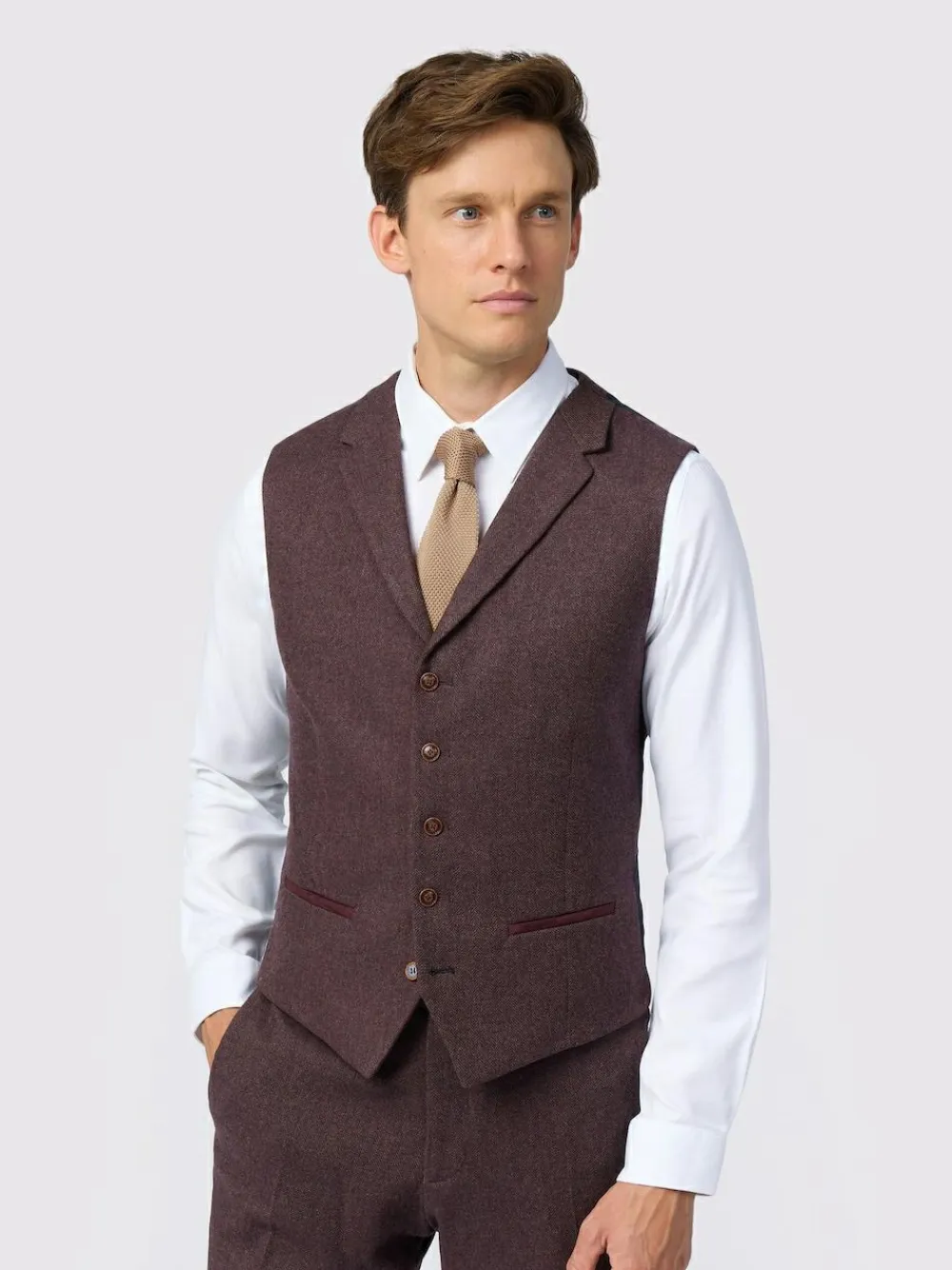 New Antique Rogue Red Herringbone Tweed Waistcoat