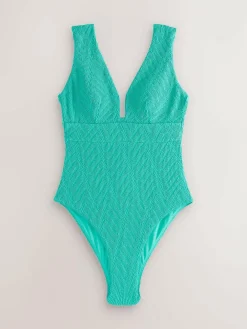 Discount Next Aqua Green Crinkle Textured Plunge Shaping Tummy Control Swimsuit