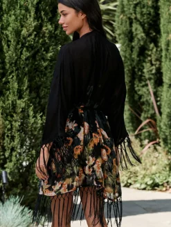 Sale B by Ted Baker Viscose Tassel Kimono Black Koi Floral Cover-Up
