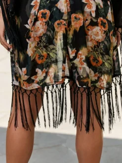 Sale B by Ted Baker Viscose Tassel Kimono Black Koi Floral Cover-Up