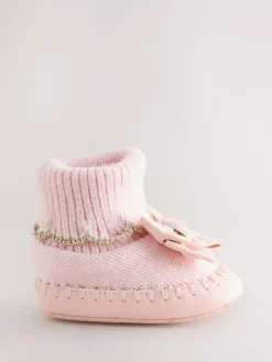 Hot Baker by Ted Baker Baby Girls Scallop Edge Knitted Padders Booties with Bow Pink