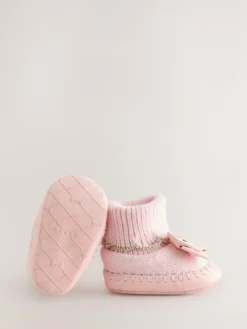 Hot Baker by Ted Baker Baby Girls Scallop Edge Knitted Padders Booties with Bow Pink