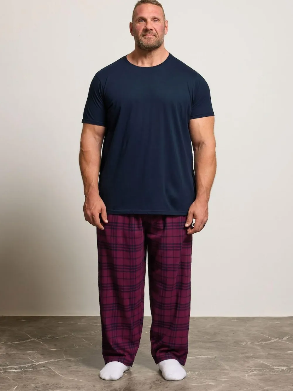 Hot BadRhino Big & Tall Checked T-Shirt amd Pyjama Bottoms Set Blue
