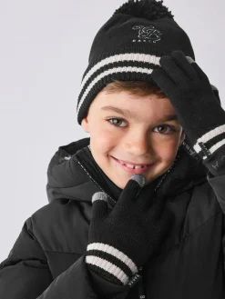 Discount Baker by Ted Baker Boys Varsity Logo Pom Black Beanie and Gloves Set