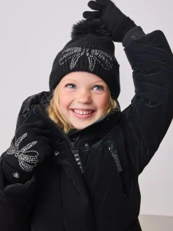 Baker by Ted Baker Girls Knitted Diamanté Bow Pom Hat and Gloves Set^ Hats, Gloves & Scarves