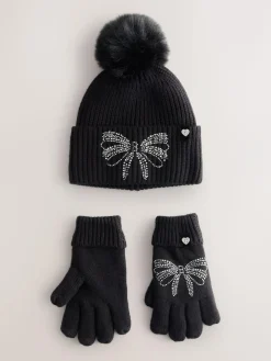 Baker by Ted Baker Girls Knitted Diamanté Bow Pom Hat and Gloves Set^ Hats, Gloves & Scarves