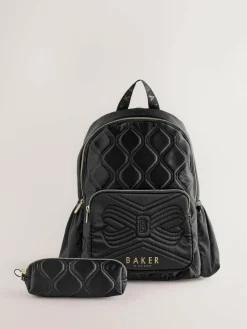 Baker by Ted Baker Girls Back To School Black Quilted Bow Backpack with Pencil Case^ Bags