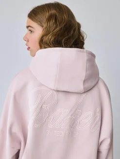 Best Baker by Ted Baker Oversized Satin Appliqué Back Print Pink/White Hoodie
