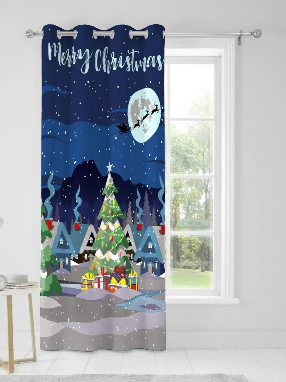 Discount Bedlam Blue Glow Christmas Eyelet Single Panel Curtain