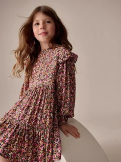 Outlet Next Long Sleeve Ruffle Dress (3-16yrs) Berry Pink Ditsy