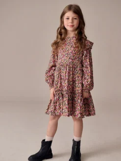 Outlet Next Long Sleeve Ruffle Dress (3-16yrs) Berry Pink Ditsy