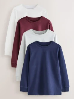 Outlet Next Plain Long Sleeve Cosy T-Shirts 4 Pack (3-16yrs) Berry Red/Grey/White/Blue