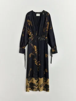 BHOEM Satin Floral Print Kimono Midi Black Dress^Women Occasion Dresses|Midi Dresses
