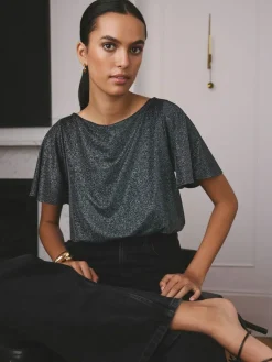 Hot Next Black / Silver Crew Neck Sparkle Fluted Sleeve Bodysuit