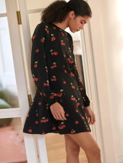 Online Next Black Cherry Print Mini Long Sleeve A-Line Seam Detail Dress