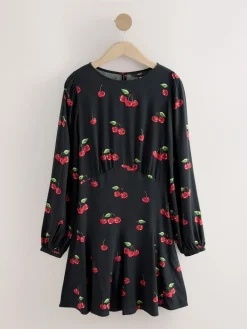Online Next Black Cherry Print Mini Long Sleeve A-Line Seam Detail Dress