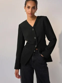 Hot Next Black Collarless V-Neck Blazer