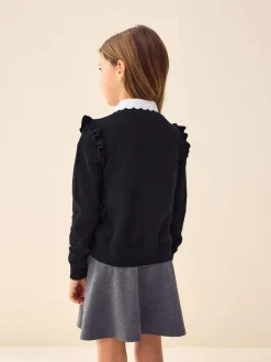Clearance Next Black Cotton Rich Frill Shoulder School Cardigan (3-16yrs)