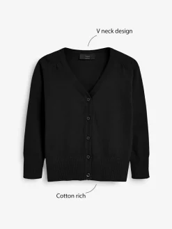 Next Black Cotton Rich School V-Neck Cardigan (3-16yrs)^ Knitwear & Sweaters|Knitwear