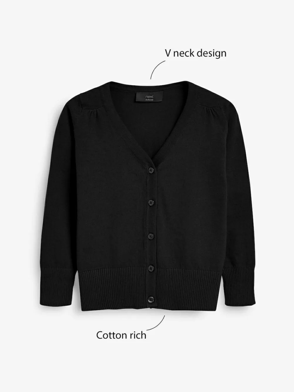 Next Black Cotton Rich School V-Neck Cardigan (3-16yrs)^ Knitwear & Sweaters|Knitwear