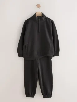 Sale Next Black Cotton Rich Sports Funnel Neck Sweat and Joggers Set (3-16yrs)