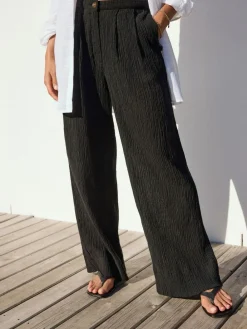 Next Black Crinkle Textured Wide Leg Trousers With Linen^Women Pants
