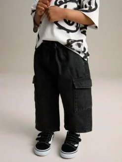 Outlet Next Wide Leg Pull On Cargo 100% Cotton Jeans (3mths-7yrs) Black Denim