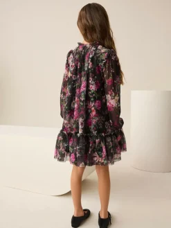 Clearance Next Black Floral Long Sleeve Mesh Party Dress (3-16yrs)