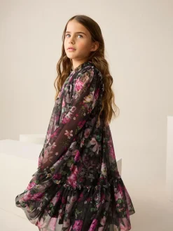 Clearance Next Black Floral Long Sleeve Mesh Party Dress (3-16yrs)