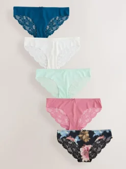 New Next Brazilian No VPL Lace Back Briefs 5 Pack Black Floral Print