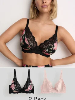 Hot Next Black Floral/Pink DD+ Non Pad Plunge Bras 2 Pack