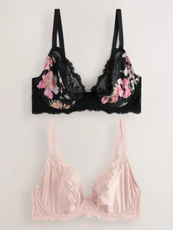 Hot Next Black Floral/Pink DD+ Non Pad Plunge Bras 2 Pack